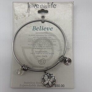 lovethislife “Believe” Silver Bling Butterfly Bangle Charm Bracelet New